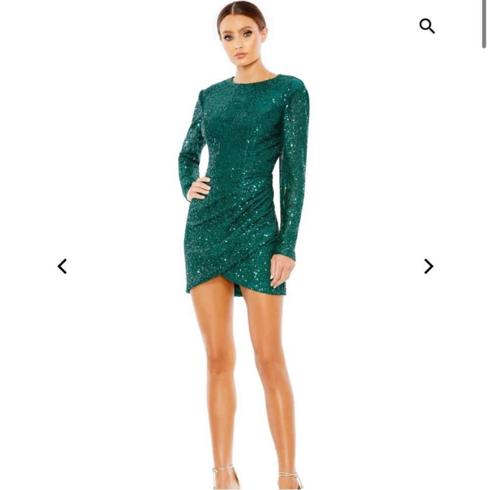 Mac Duggal Emerald Green Long-Sleeve Sequin Mini Dress